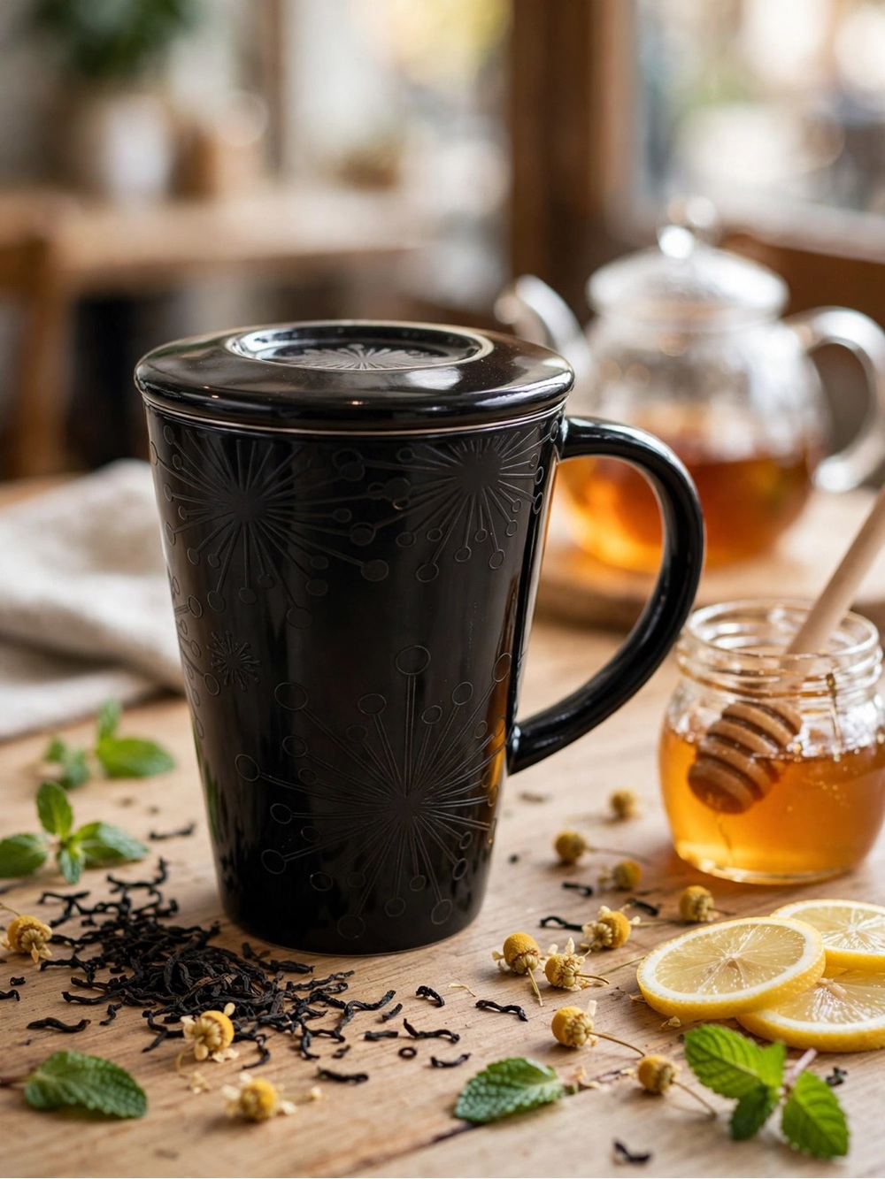 DAVIDsTEA Black Starburst Mug with Lid & Infuser